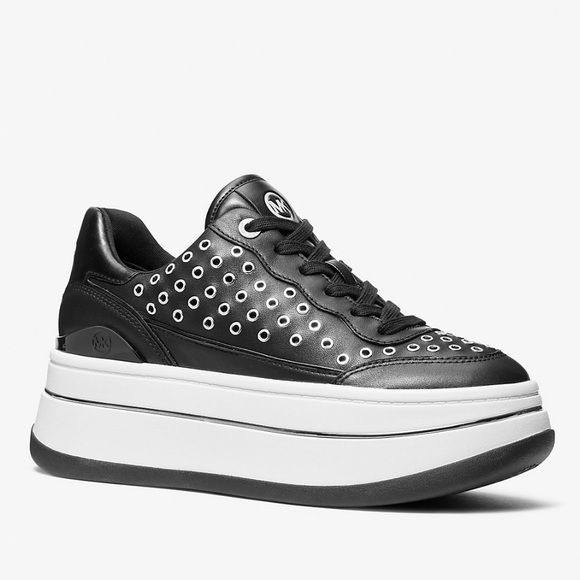 Michael Kors Black Leather Hayes Grommet Platform Sneakers - 8 & 1/2 - Picture 1 of 4